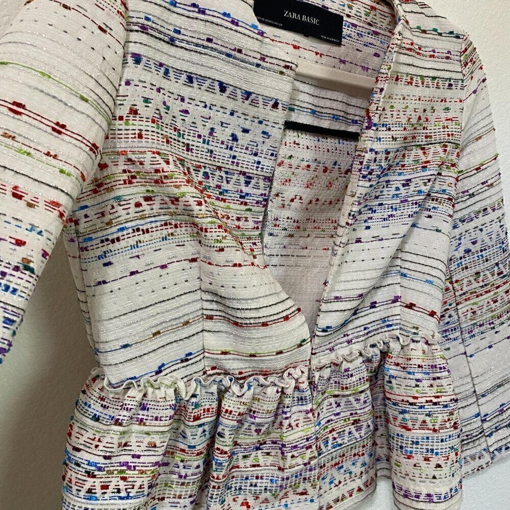 Zara Basic White Multi Metallic Peplum Blazer XS - image 5